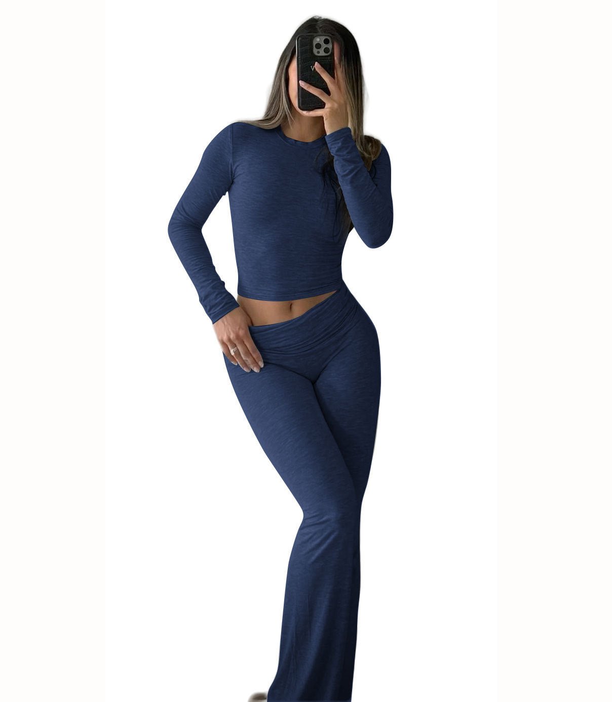 Women’s 2 - Piece Lounge Set – Flared Pants & Long Sleeve Top | Trendy Streetwear & Athleisure – Navy Blue Leisure wear