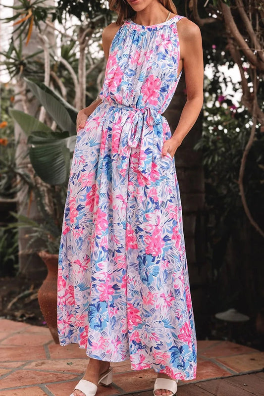 Floral Printed Sleeveless O Neck Knot Waist Dress – Floral for Shopify Collective (1 view)