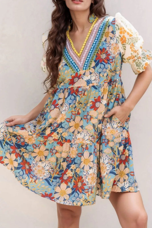 Printed Notched Flounce Sleeve Mini Dress – Floral for Shopify Collective (1 view)