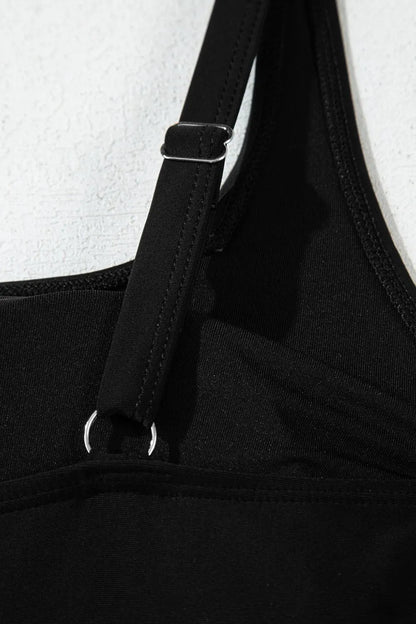 Side Tied Waist Square Neck Adjustable Straps A - line One Piece Swim Dress – Black by Simply Love
