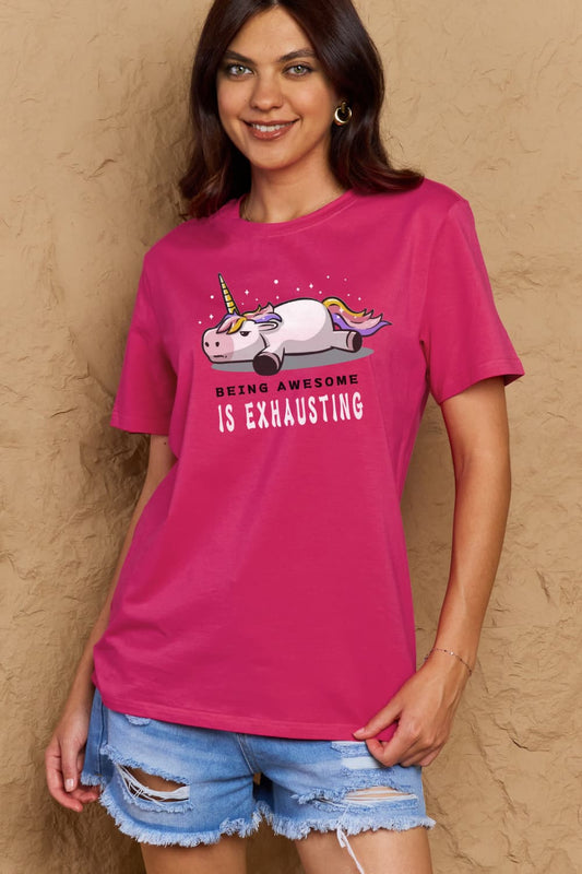 Simply Love Full Size BEING AWESOME IS EXHAUSTING Graphic Cotton Tee – Deep Rose Women's Top for Shopify Collective (1 view)