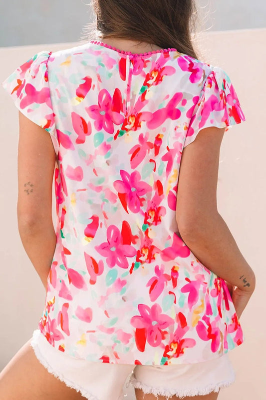 Floral Print Ruffle Sleeve Round Neck Blouse – Floral for Shopify Collective (2 view)