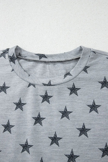 Star Print Tiered Ruffled Sleeve Crew Neck T Shirt – Gray by Simply Love