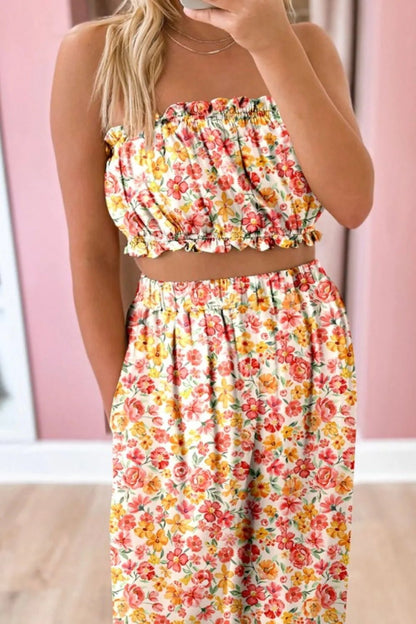 Boho Floral Bandeau Top and High Waist Wide Leg Pants Set – Floral by Simply Love