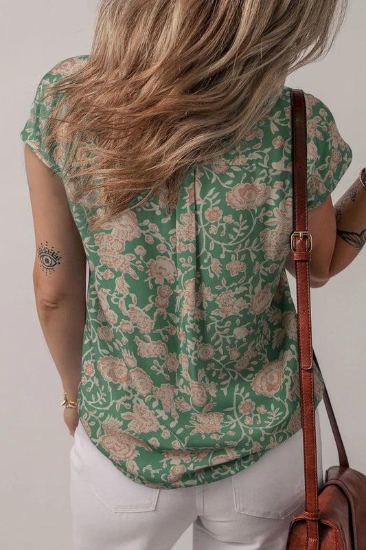 Printed Pleated Buttoned Notched Short Sleeve Blouse – Matcha Green for Shopify Collective (2 view)