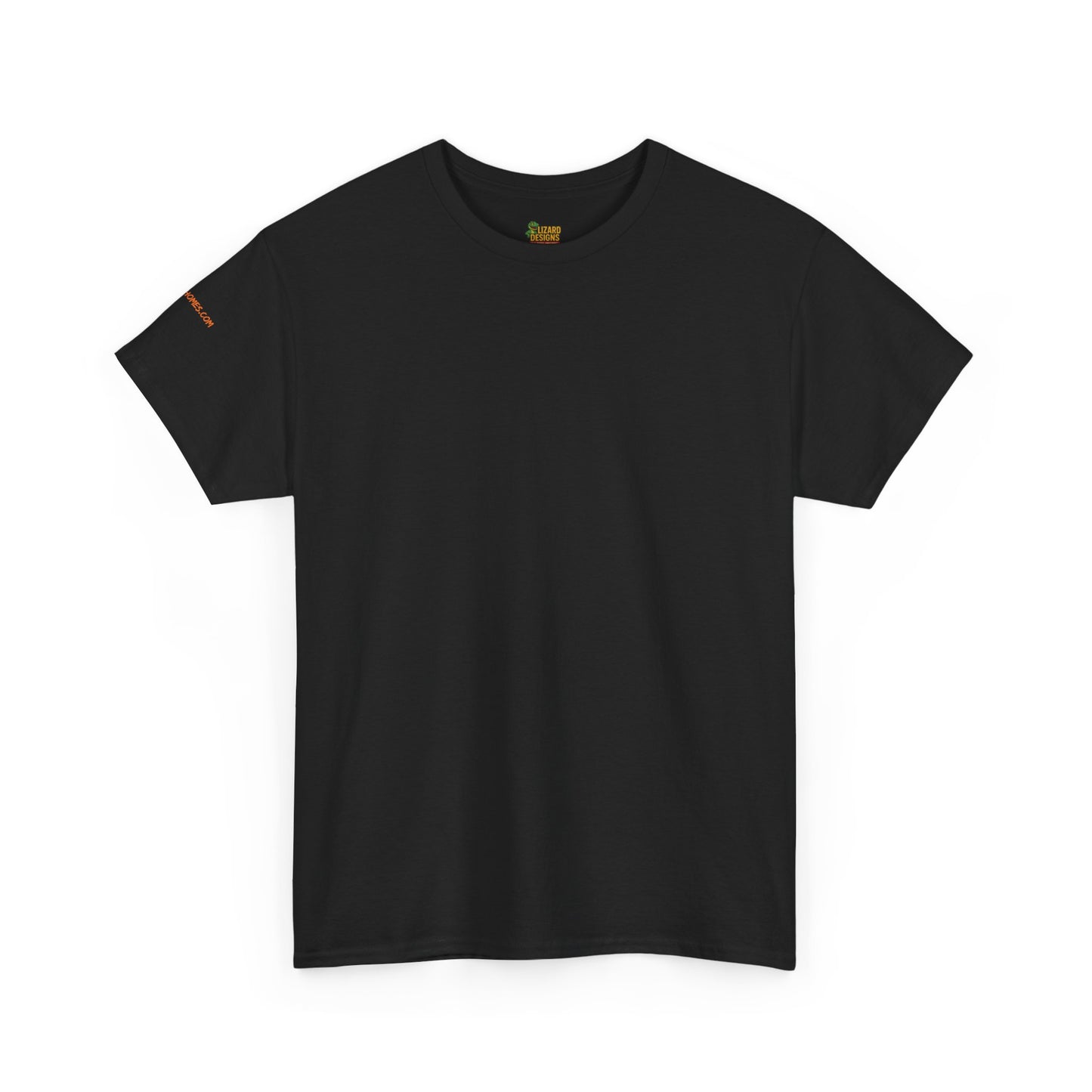 Black t-shirt with a brand logo on a white background