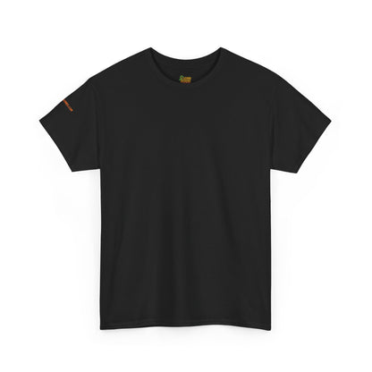 Black t-shirt with a brand logo on a white background