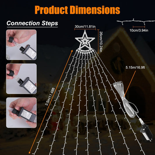 11.5FT 350 LED Christmas Waterfall Tree Lights – Multicolor Star Topper | Outdoor Holiday Yard Decor – White Lighted Tree for Christmas (1 view)
