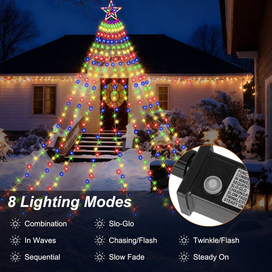 11.5FT 350 LED Christmas Waterfall Tree Lights – Multicolor Star Topper | Outdoor Holiday Yard Decor – White Lighted Tree for Christmas (2 view)