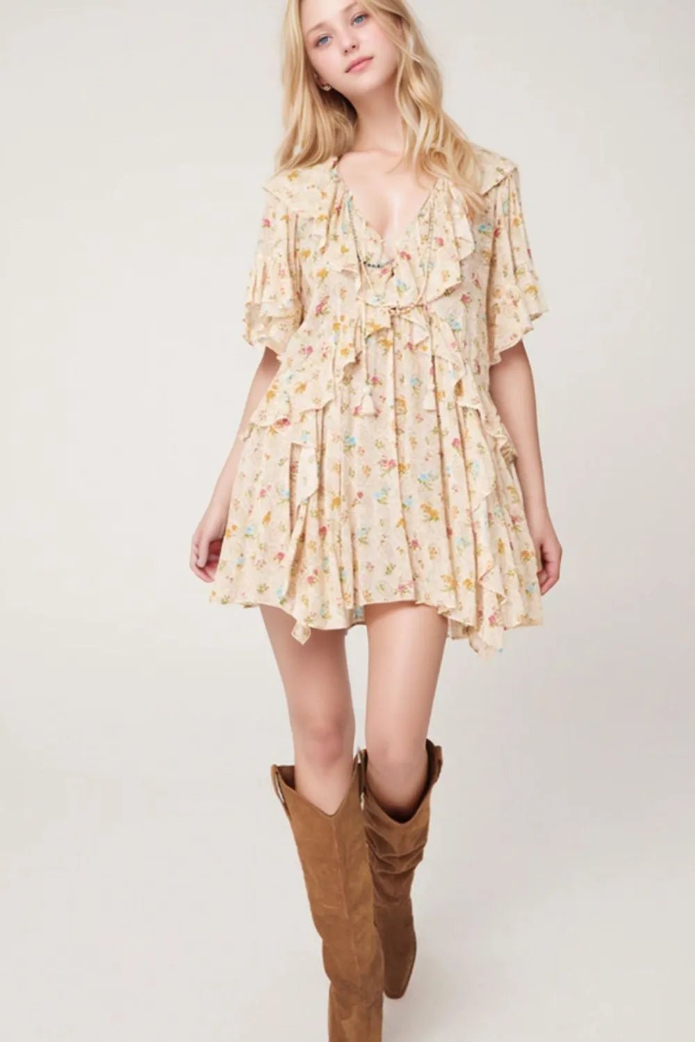 Boho Floral Tassel Tie V Neck Ruffle Wide Sleeve Mini Dress – Cream for Shopify Collective (3 view)