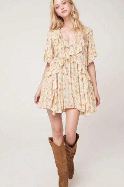 Boho Floral Tassel Tie V Neck Ruffle Wide Sleeve Mini Dress – Cream for Shopify Collective (3 view)