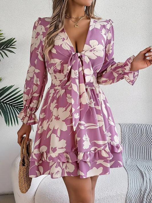 Tied Ruffled Printed Long Sleeve Dress – Lilac Women's Top for Shopify Collective (1 view)