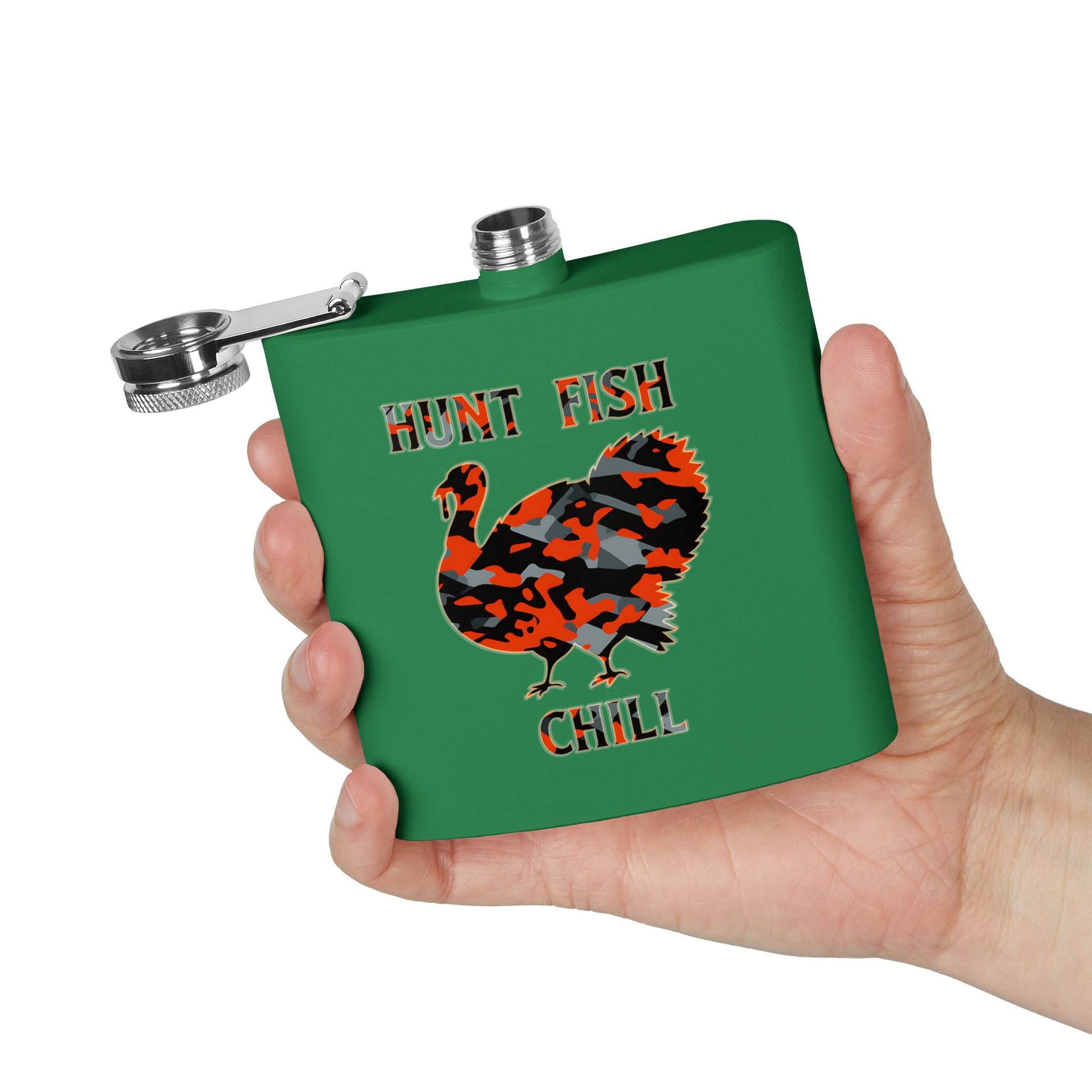 Green flask with a turkey design and text 'Hunt Fish Chill' held in a hand against a white background