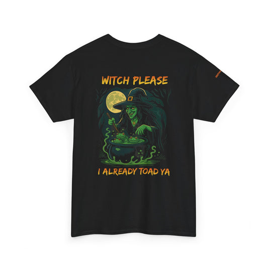 Black t-shirt with a witch graphic and text on a white background