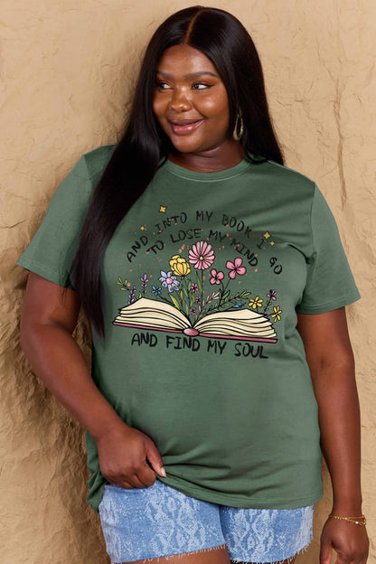 Simply Love Full Size Book & Flower Graphic Cotton Tee – Green by Simply Love