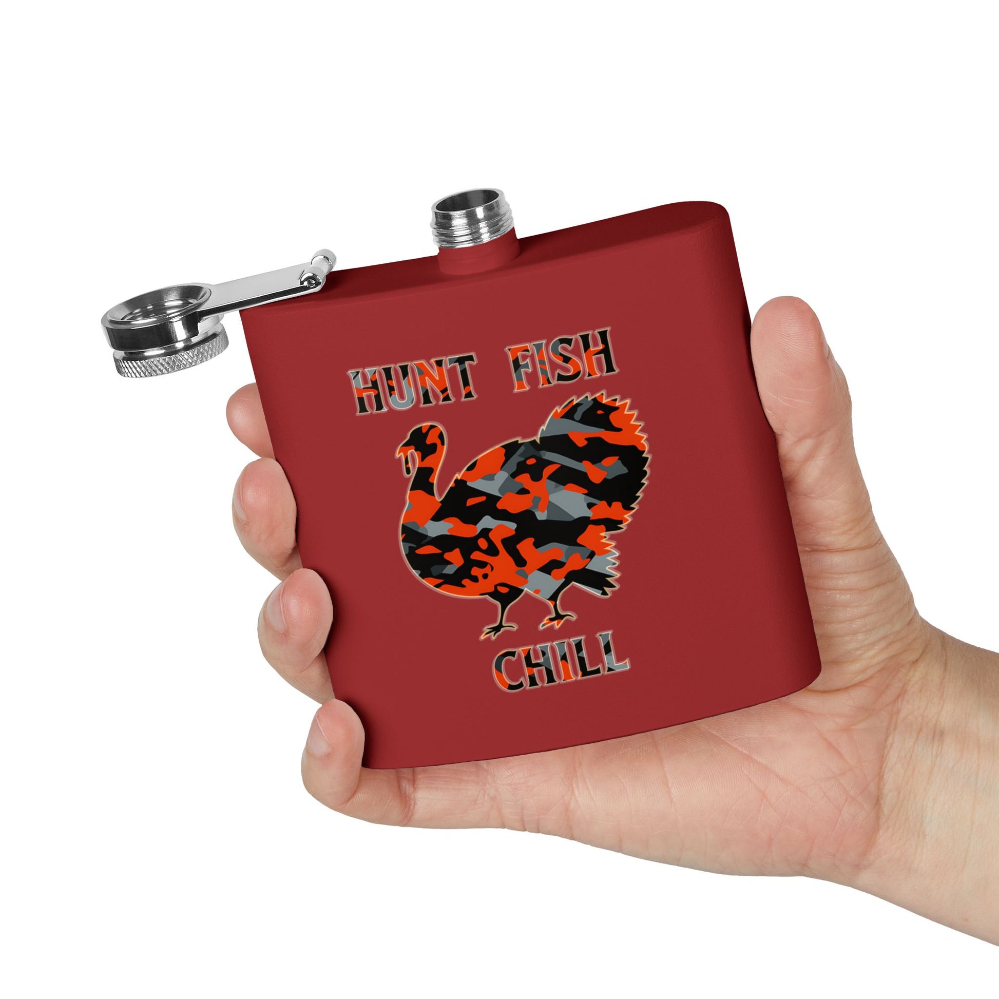 Red flask with hunting-themed design held in a hand against a white background