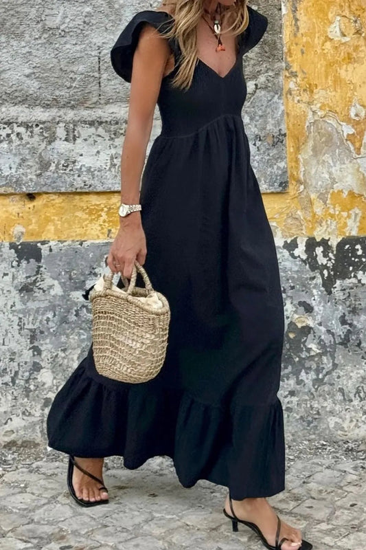 V Neck Ruffled Cap Sleeve Smocked Maxi Dress – Black for Shopify Collective (1 view)