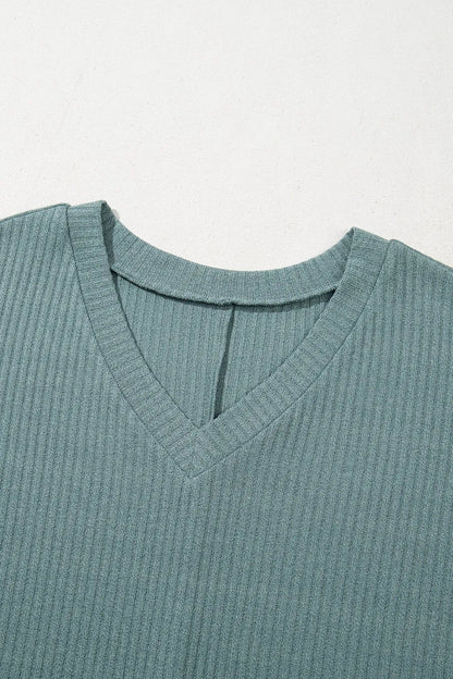 Oversized Ribbed Knit V Neck Dolman Short Sleeve Top – Air Force Blue by Simply Love