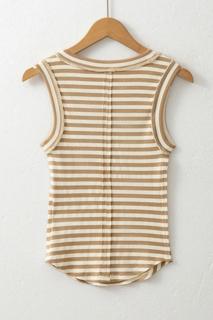 Stripe Exposed Seam Trim Round Neck Sleeveless Top – Khaki for Shopify Collective (7 view)