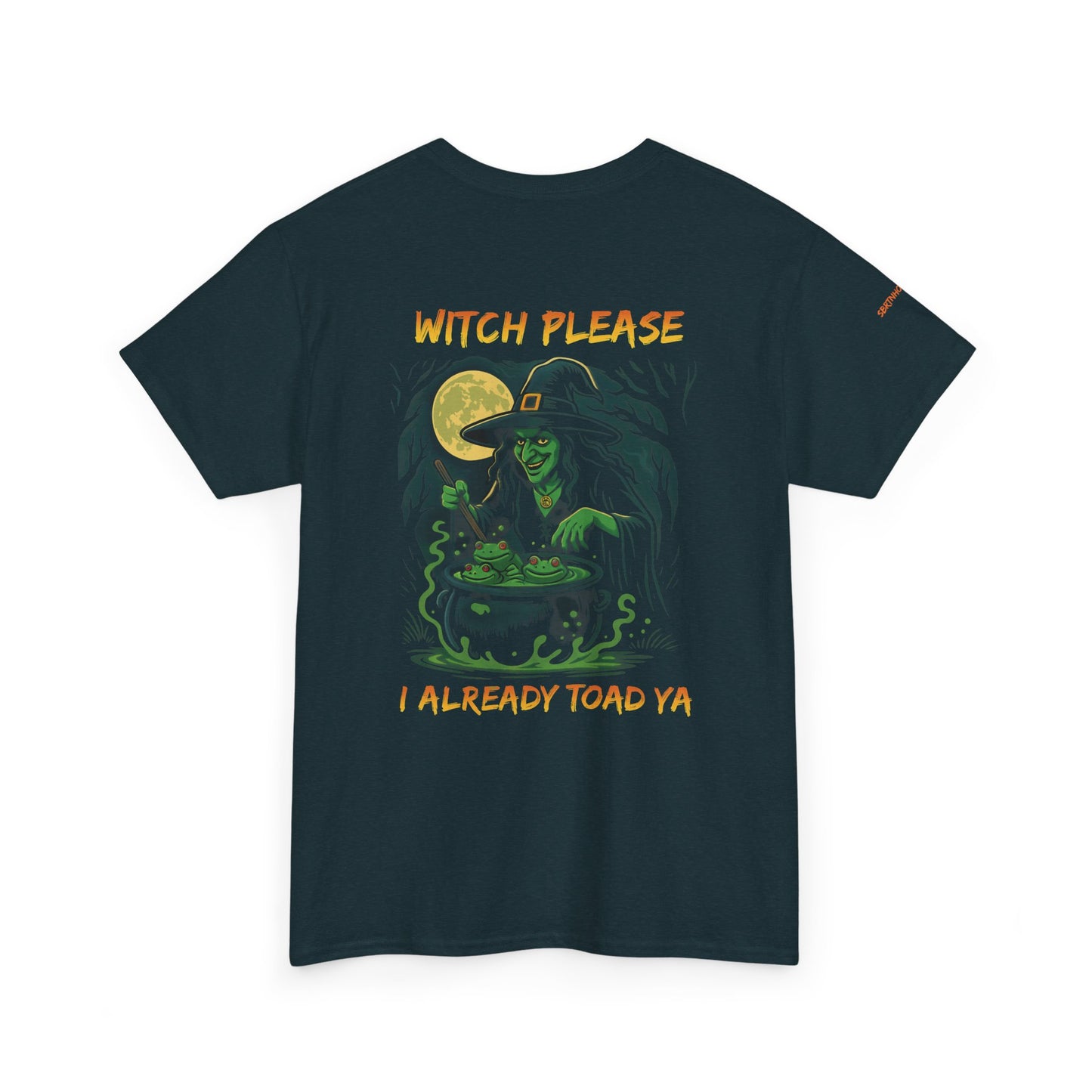 Black t-shirt with a witch graphic and text on the back, displayed on a white background.