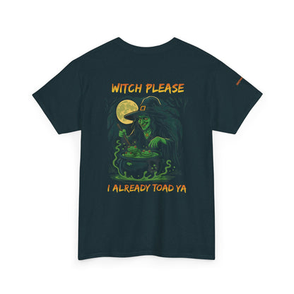 Black t-shirt with a witch graphic and text on the back, displayed on a white background.