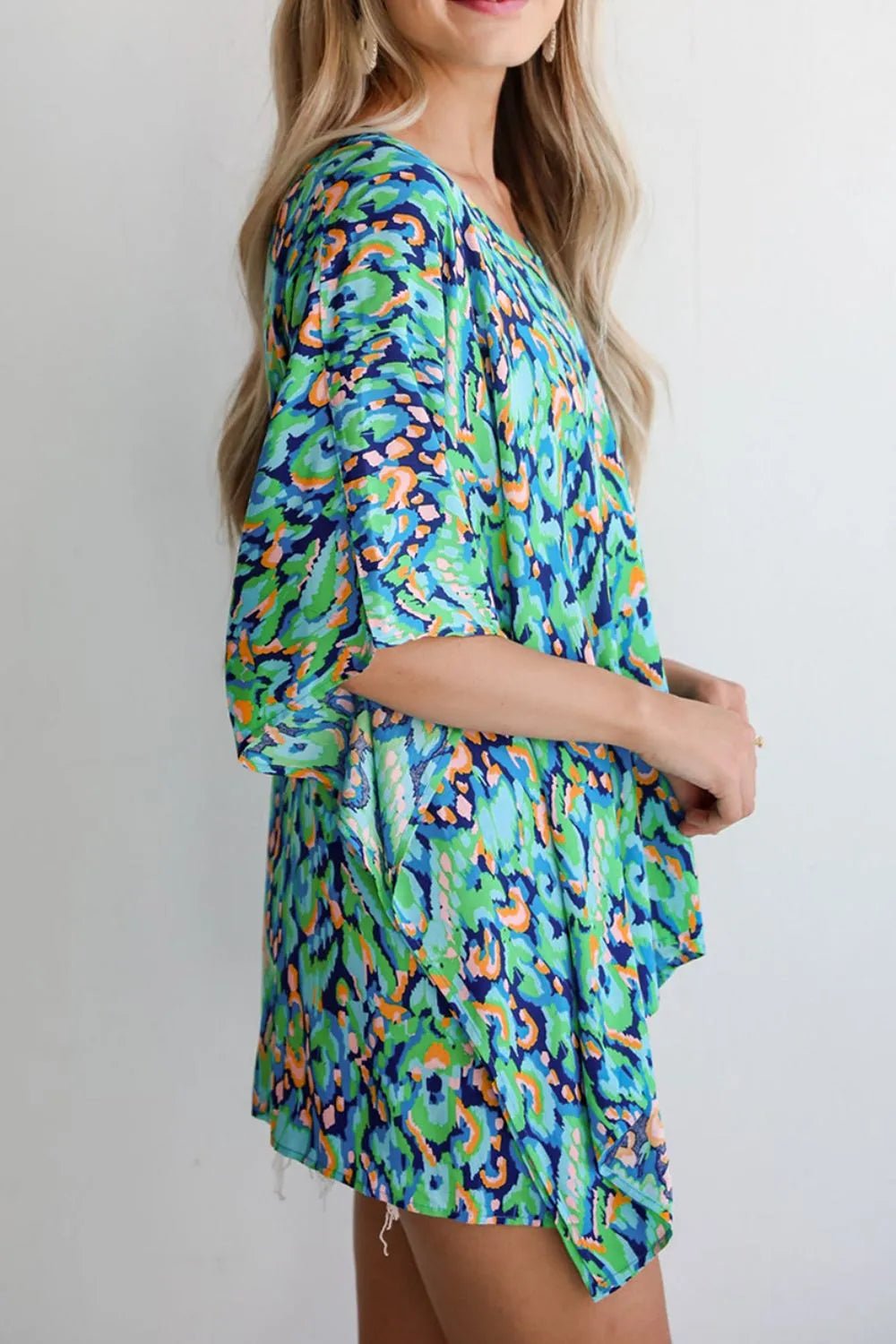 Abstract Print V Neck Half Sleeve Loose Fit Blouse – Turquoise for Shopify Collective (3 view)