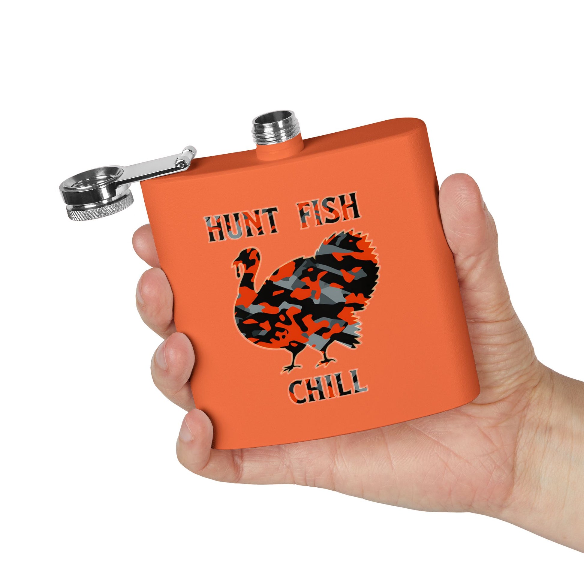 Orange flask with a turkey graphic and text 'Hunt Fish Chill' held in a hand against a white background