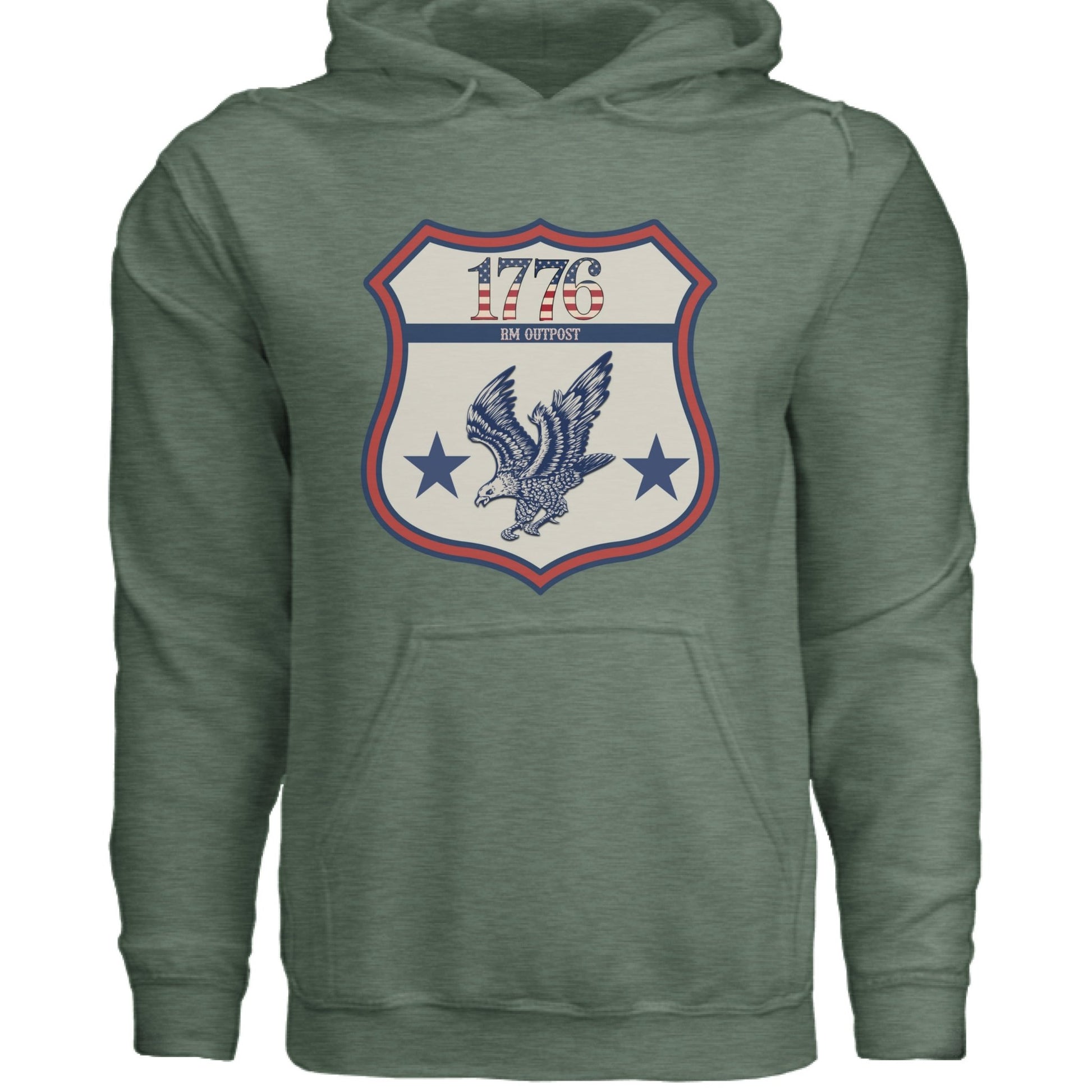1776 Outpost – Vintage American Patriot Hoodie | Outdoor & Freedom Apparel – Military Green Heather Hoodie for 1776 (16 view)