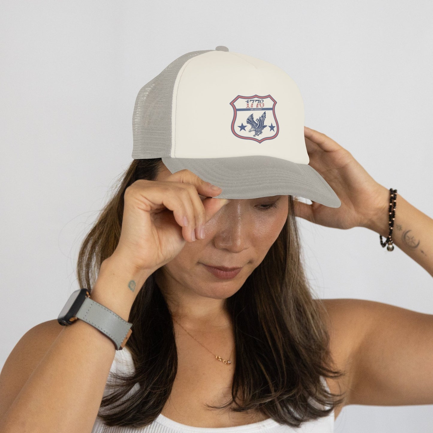 1776 Outpost – Vintage American Patriot Trucker Hat | Outdoor & Freedom Apparel – Red/ White/ Navy Hats for 1776 (1 view)