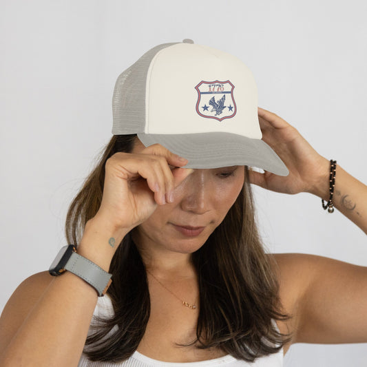 1776 Outpost – Vintage American Patriot Trucker Hat | Outdoor & Freedom Apparel – Red/ White/ Navy Hats for 1776 (1 view)
