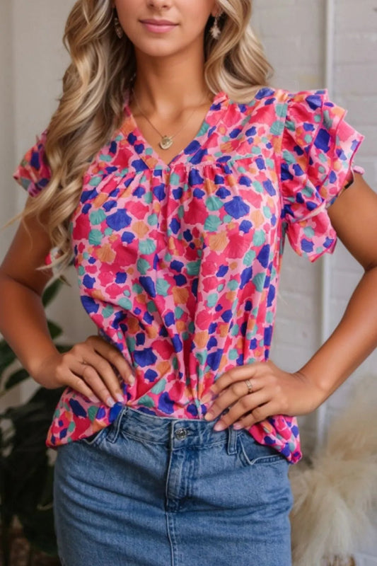 Abstract Print Ruffled Sleeve Notched Blouse – Floral for Shopify Collective (1 view)