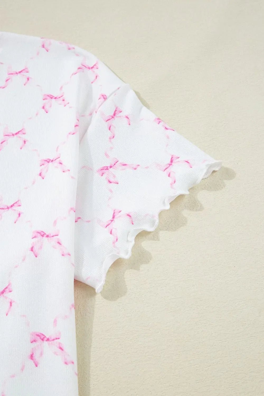 Bow Print Lettuce Trim Round Neck Top and Shorts Lounge Set – Pink for Shopify Collective (9 view)