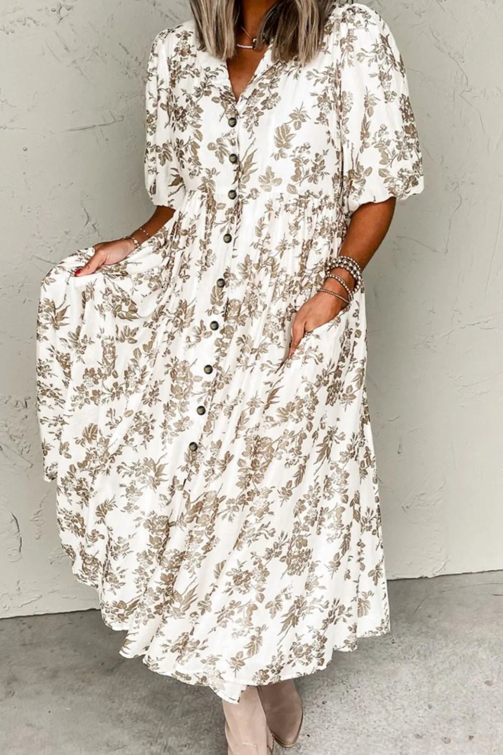Printed Button Front Puff Sleeve Dress – White for Shopify Collective (8 view)