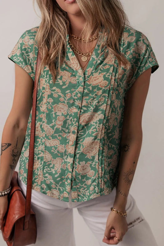 Printed Pleated Buttoned Notched Short Sleeve Blouse – Matcha Green for Shopify Collective (1 view)