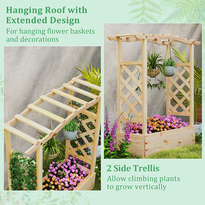 Wooden Raised Garden Bed with Trellis & Roof – Elevated Planter Box for Climbing Plants | Outdoor Garden Decor