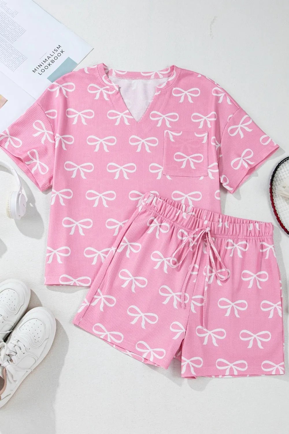 Bowknot Printed Notched T-Shirt and Shorts Set – Pink for Shopify Collective (8 view)