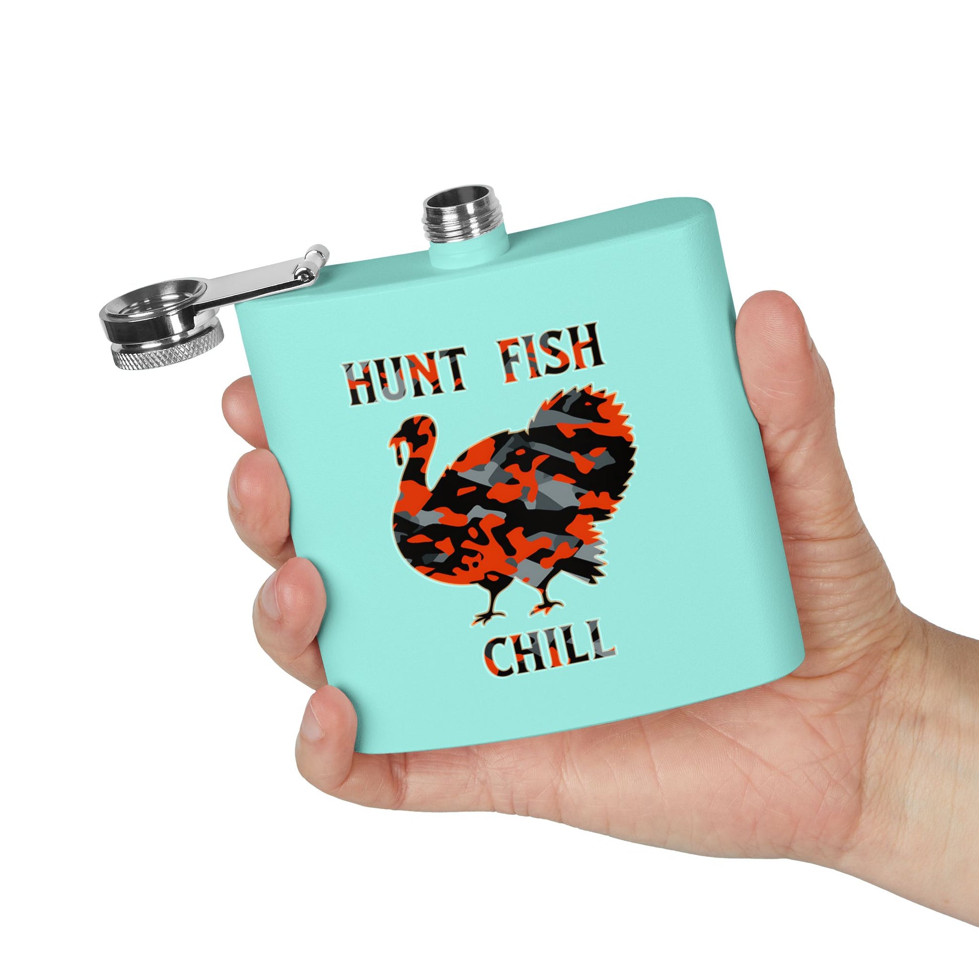 Turquoise flask with a turkey graphic and text 'Hunt Fish Chill' held by a hand on a white background