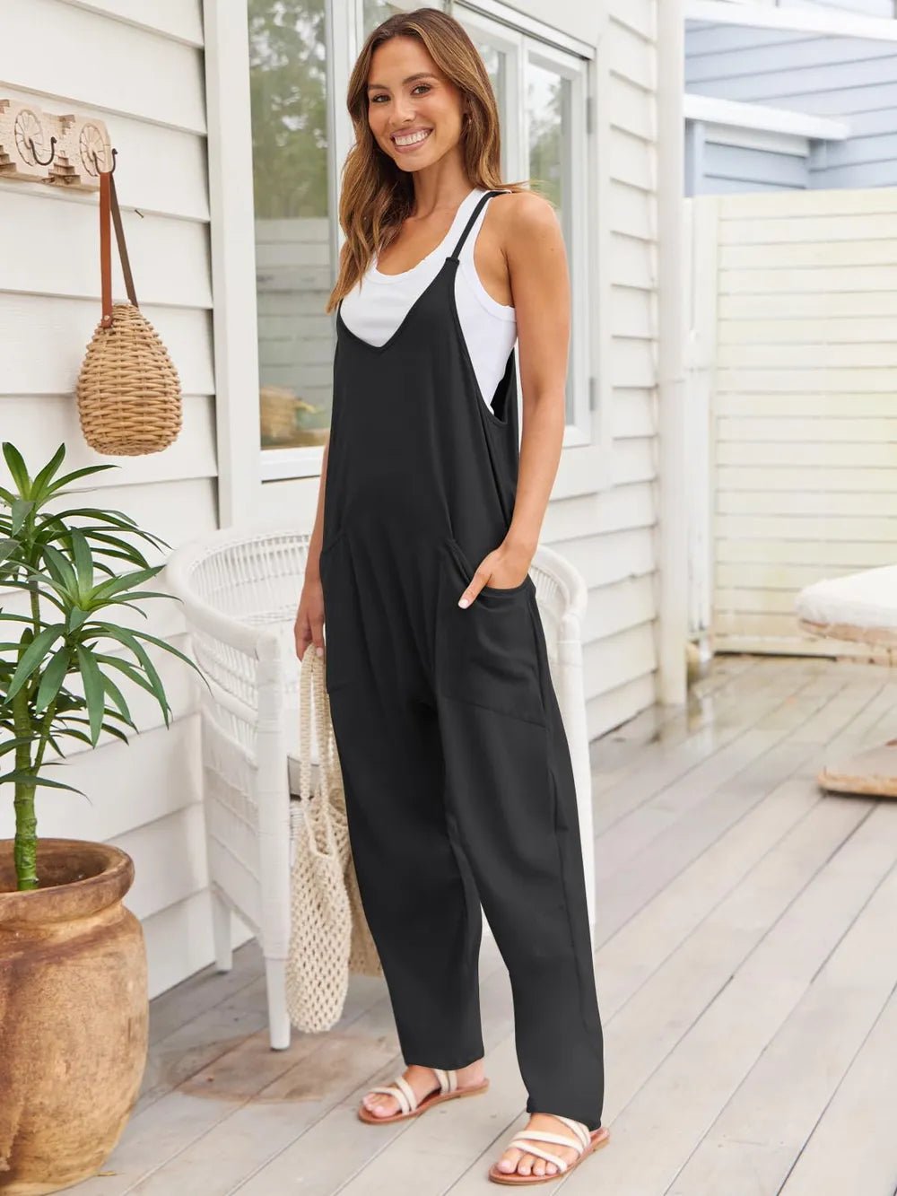 V - Neck Spaghetti Strap Jumpsuit – Black for Shopify Collective (2 view)