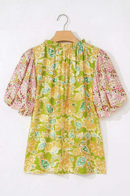 Multicolour Printed Contrast Bubble Sleeve Patchwork Blouse – Floral Top for Shopify Collective (5 view)