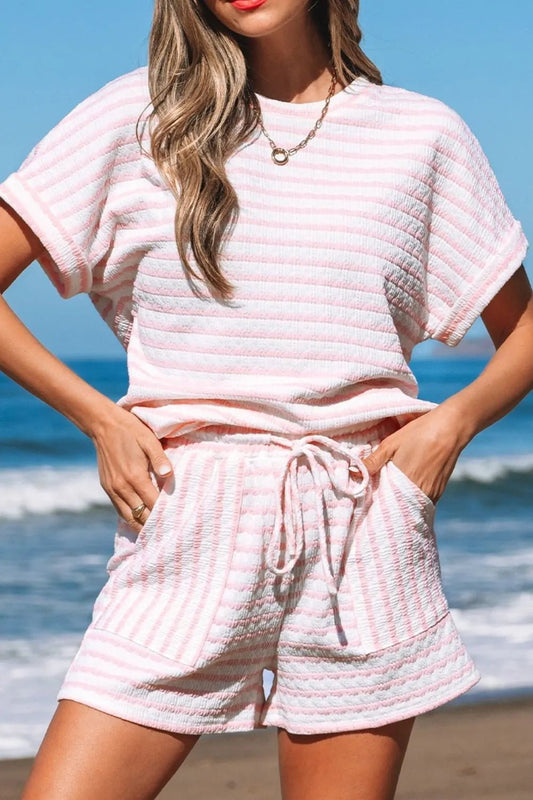 Stripe Knitted Short Sleeve Top and Drawstring Shorts Set – Blush Pink for Shopify Collective (2 view)