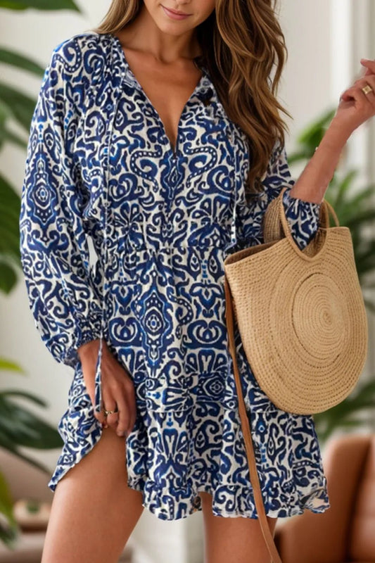 Printed Tie Neck Long Sleeve Dress – Peacock Blue for Shopify Collective (1 view)