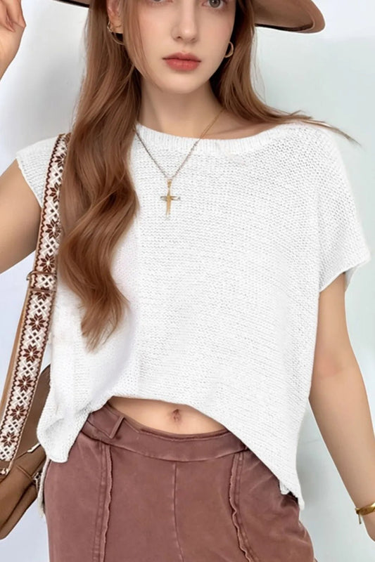 Side Slit Round Neck Knit Top – White for Shopify Collective (2 view)