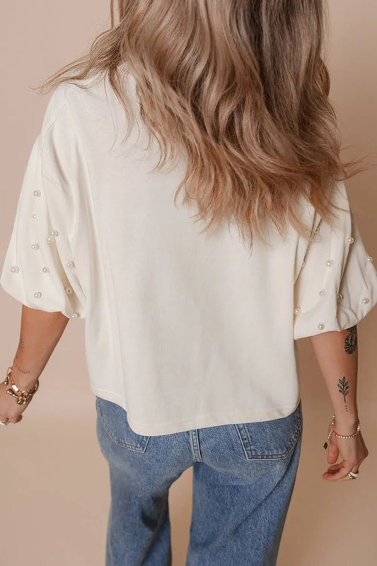 AMERICA EST 1776 Embroidered Pearl Beaded Sleeve T Shirt – White for Shopify Collective (2 view)
