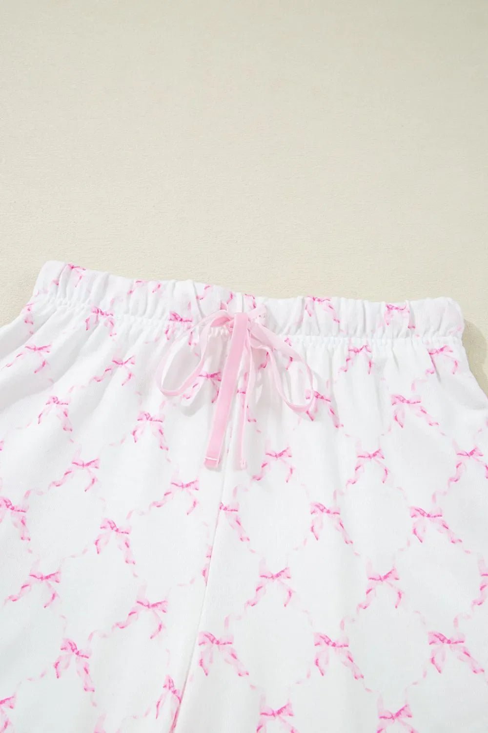 Bow Print Lettuce Trim Round Neck Top and Shorts Lounge Set – Pink for Shopify Collective (10 view)