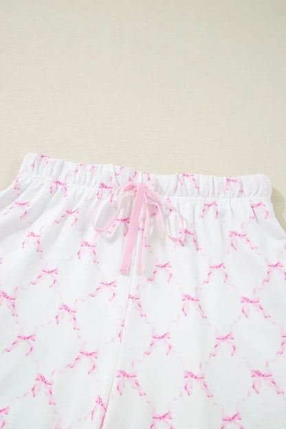 Bow Print Lettuce Trim Round Neck Top and Shorts Lounge Set – Pink for Shopify Collective (10 view)