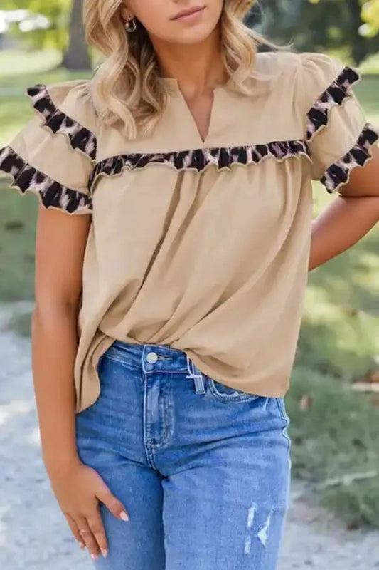 Leopard Frill Short Sleeve Blouse – Khaki for Shopify Collective (2 view)
