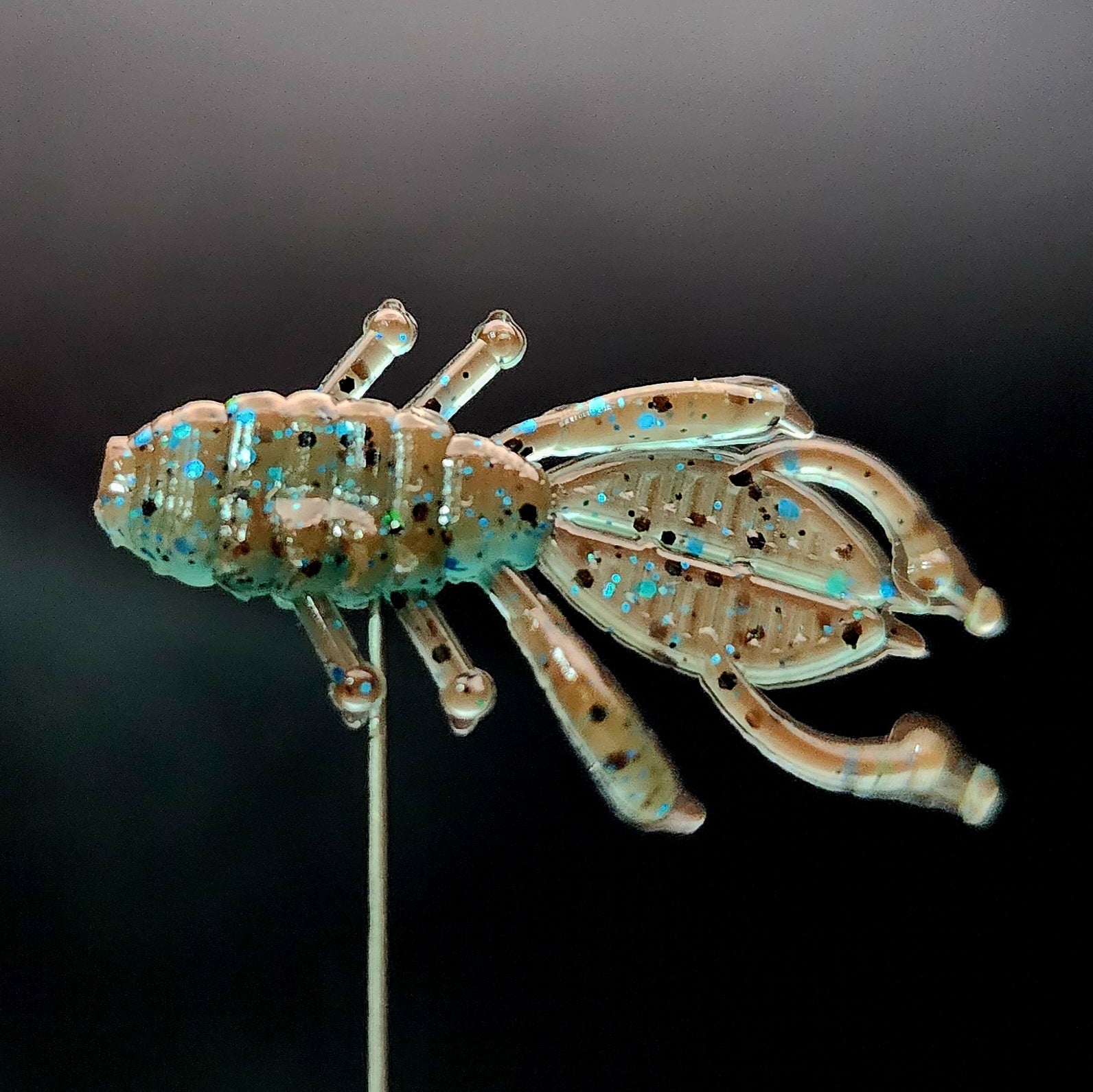 Metallic insect-shaped brooch on a black background