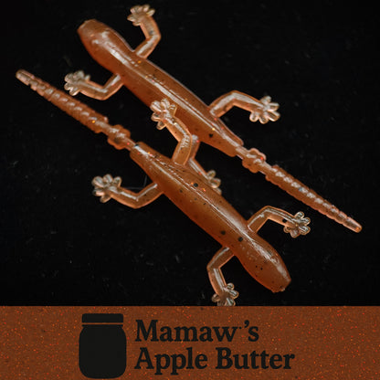 Gummy lizard with 'Mamaw's Apple Butter' branding on a dark background