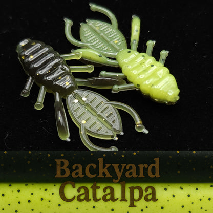 Two soft plastic lures resembling insects on a black background with 'Backyard Catalpa' branding.