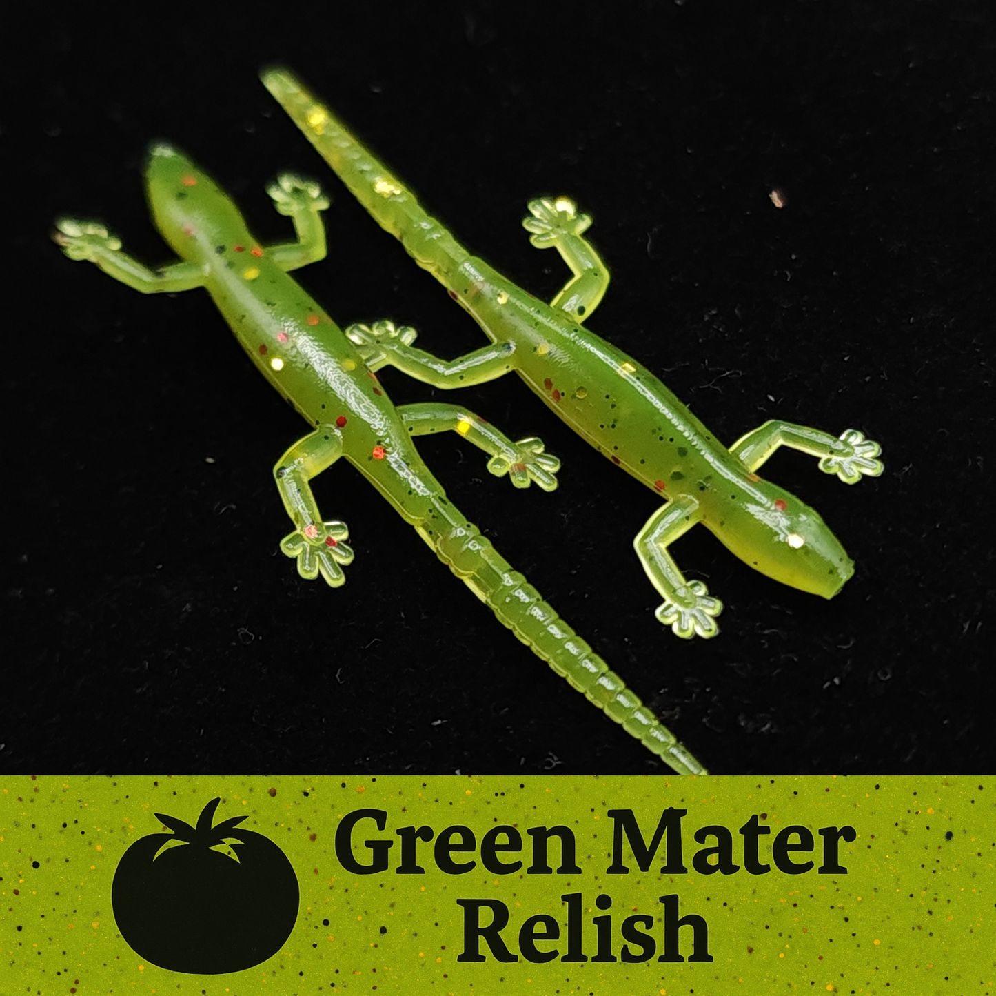 Two green lizard-shaped objects on a black background with 'Green Mater Relish' text.